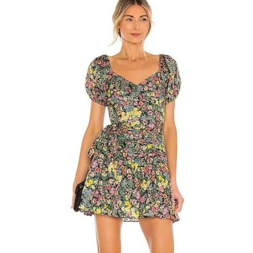 LoveShackFancy Ambrette Ruched Floral Mini Dress NWOT Silk‎ Cotton Black Size 10